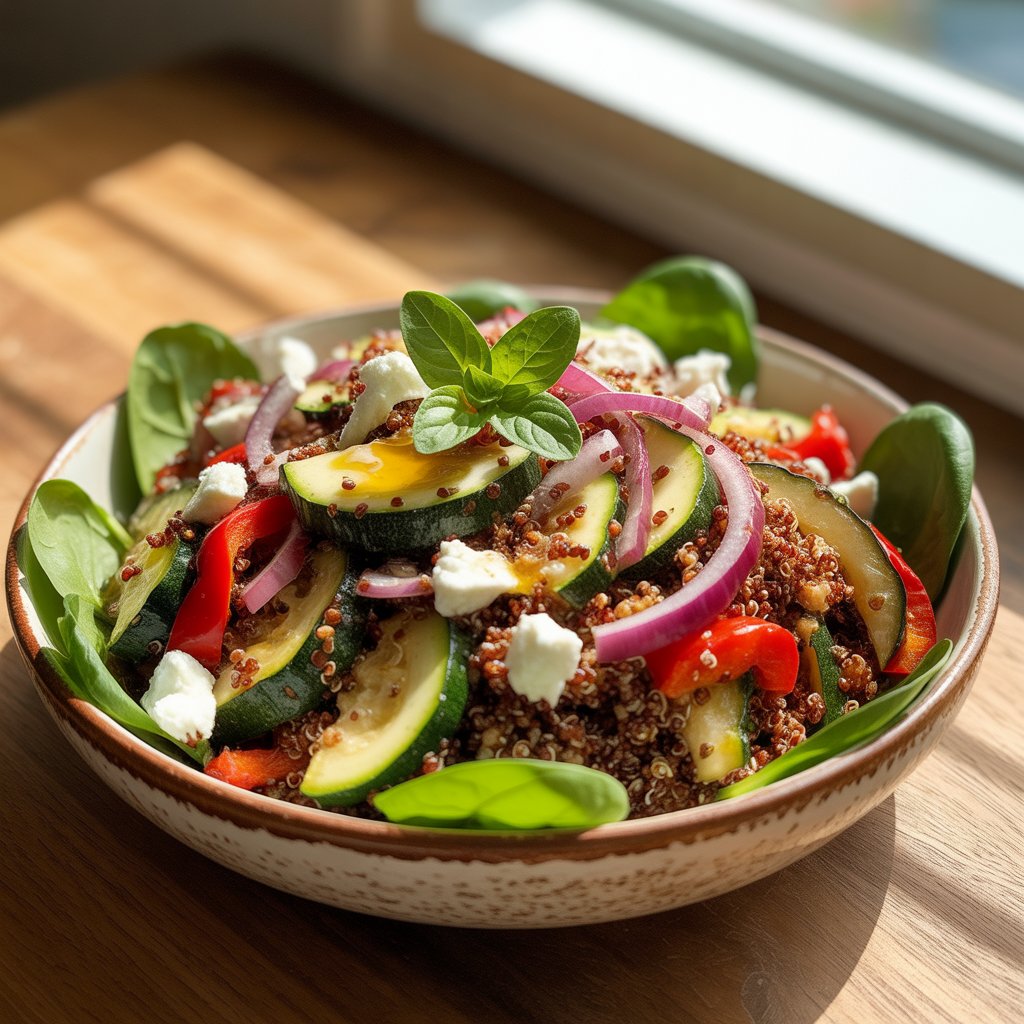 Teplá červená quinoa s pečenou zeleninou a fetou