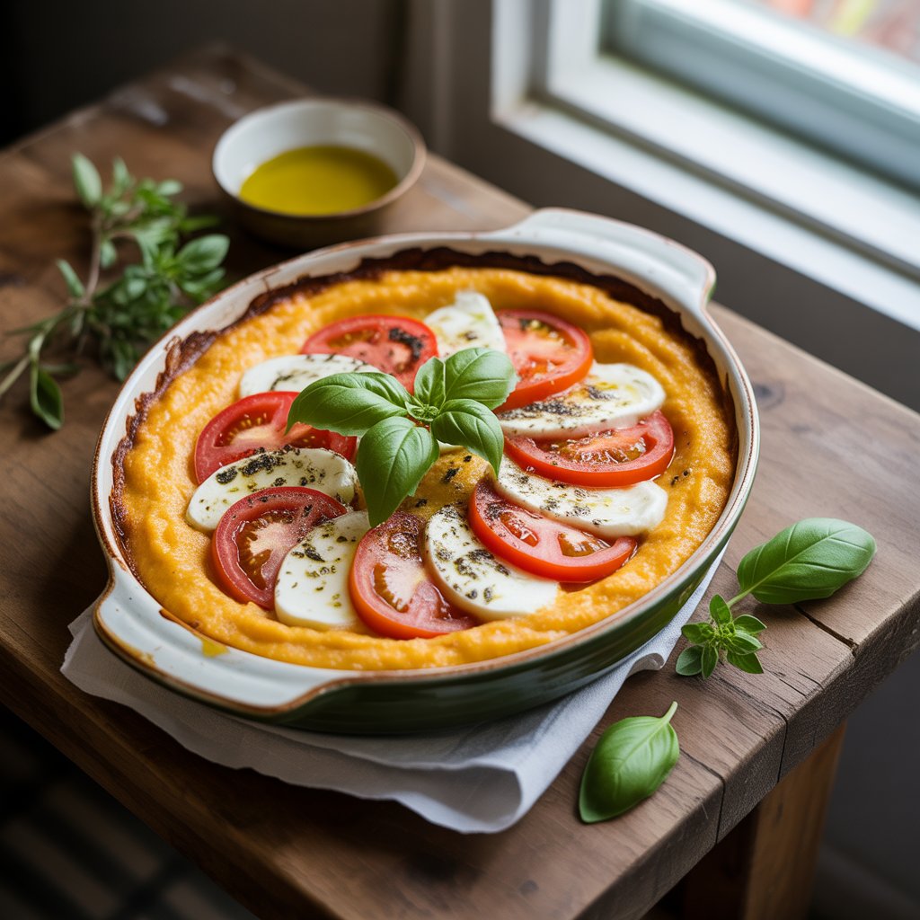 Zapečená polenta s rajčaty, sýrem a bylinkami